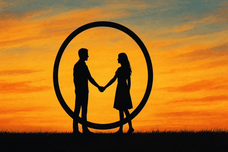 Reciprocal Relationships - Love is a Circle - A couple standing in a circle with an orange and turquoise sunset sky in the background.